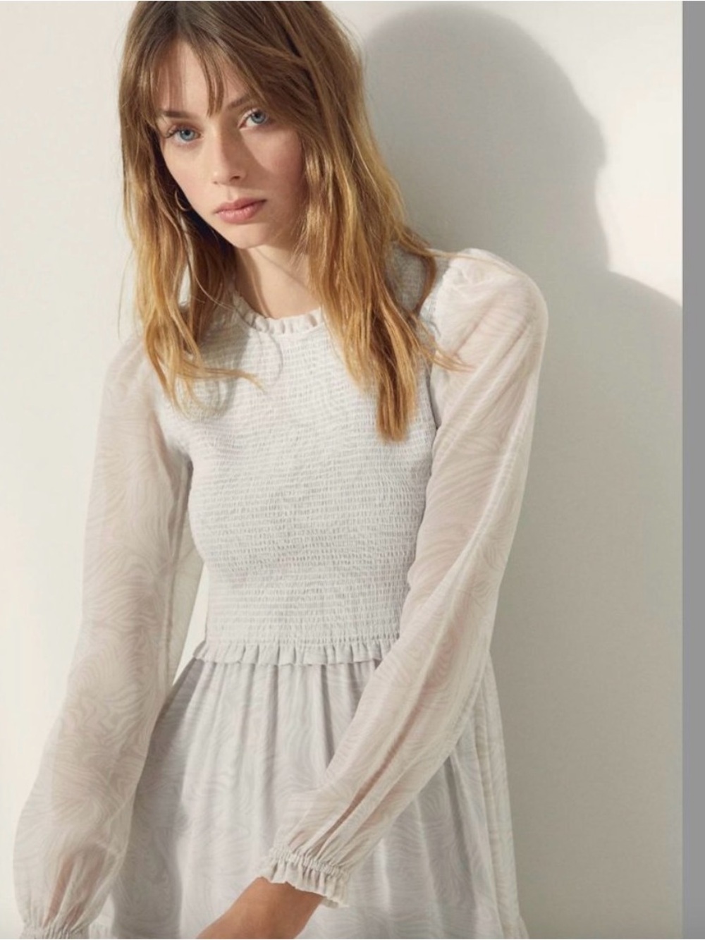 Wilfred White Smocked Bodice Long Sleeve Dress